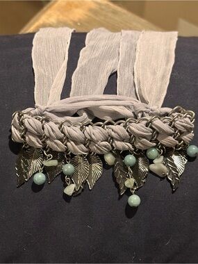Boho Leaf and Aqua Bead Fabric Wrap Bracelet